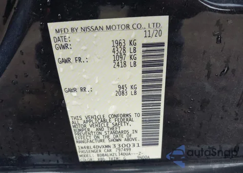 2021 Nissan Altima Sv Fwd из США, поврежденный, VIN 1N4BL4DVXMN330031